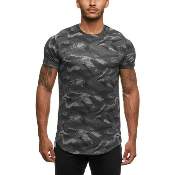 Lefthigh Mens Personality Camouflage Print Hooded Short Sleeve Tops